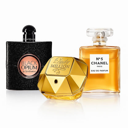 ✨ Trío Lujo en la Piel – Black Opium, Lady Million & Chanel Nº5 + Splash Victoria’s Secret de Regalo 🎁
